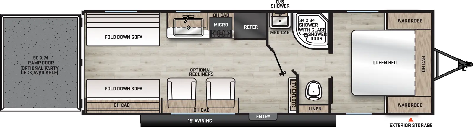 The 26ATH has no slide outs and one entry door on the door side. Interior layout from front to back: front bedroom with foot facing queen bed, wardrobe storage on either side of the bed. Walk through bathroom. Living dining kitchen area: Off-door side containing double basin sink with cabinets overhead, microwave overhead, refrigerator. Door side with two optional recliners. Garage area with a fold down sofa on the door side and one on the off-door side. 90"x74" ramp door with optional party deck available.